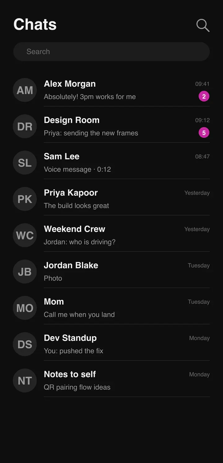 Bluetune chats screen: conversation list with search and filters