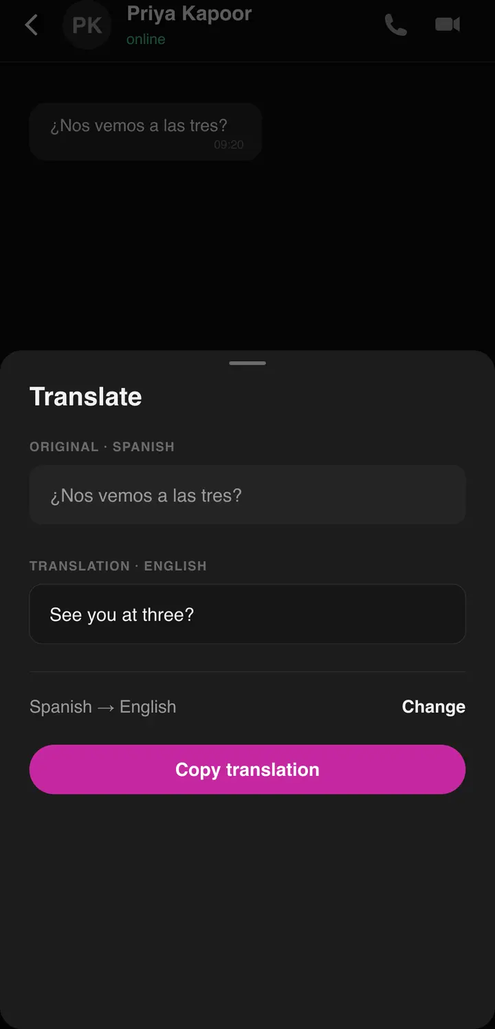 The Bluetune translation sheet translating a message inline