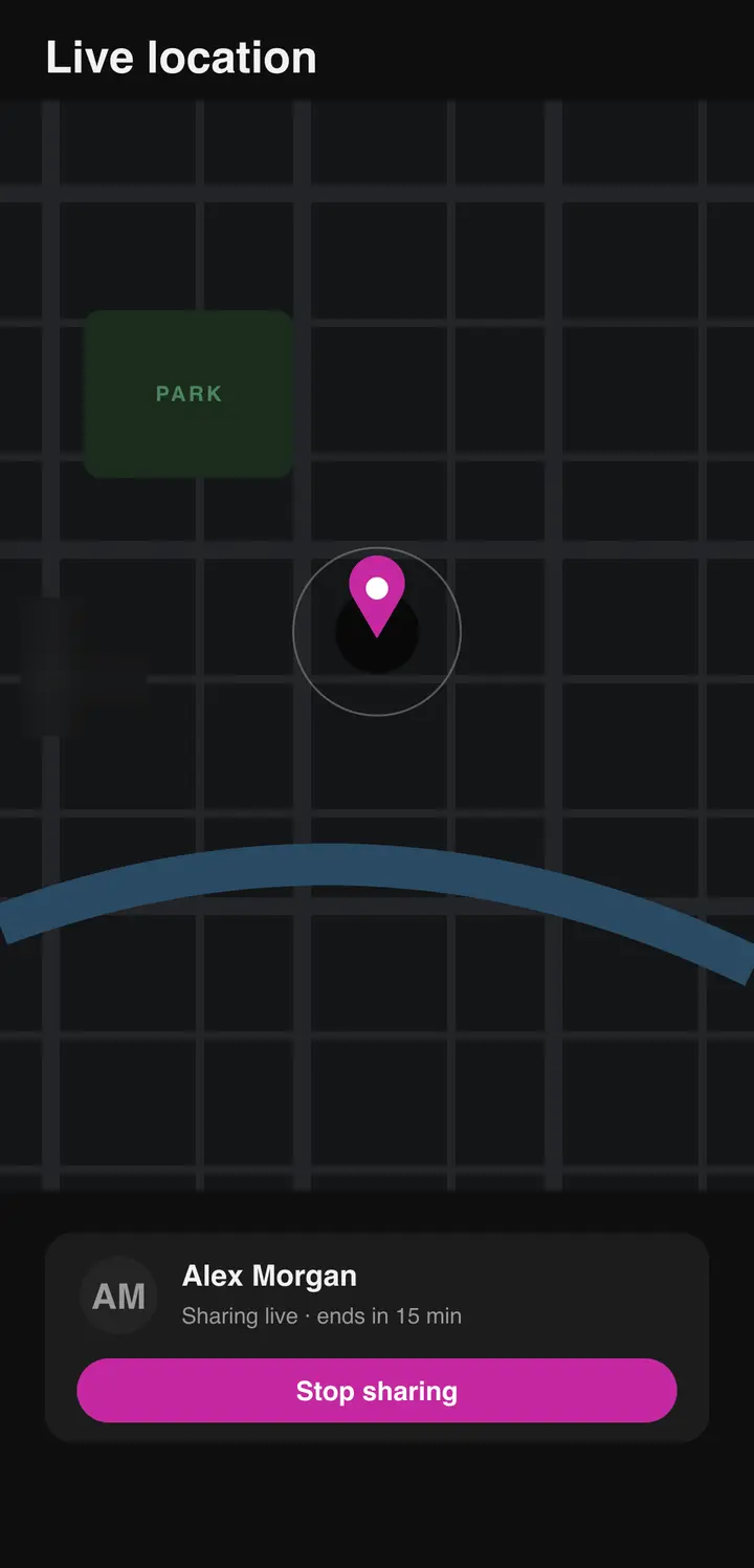 The Bluetune live location screen with a map and sharing duration options