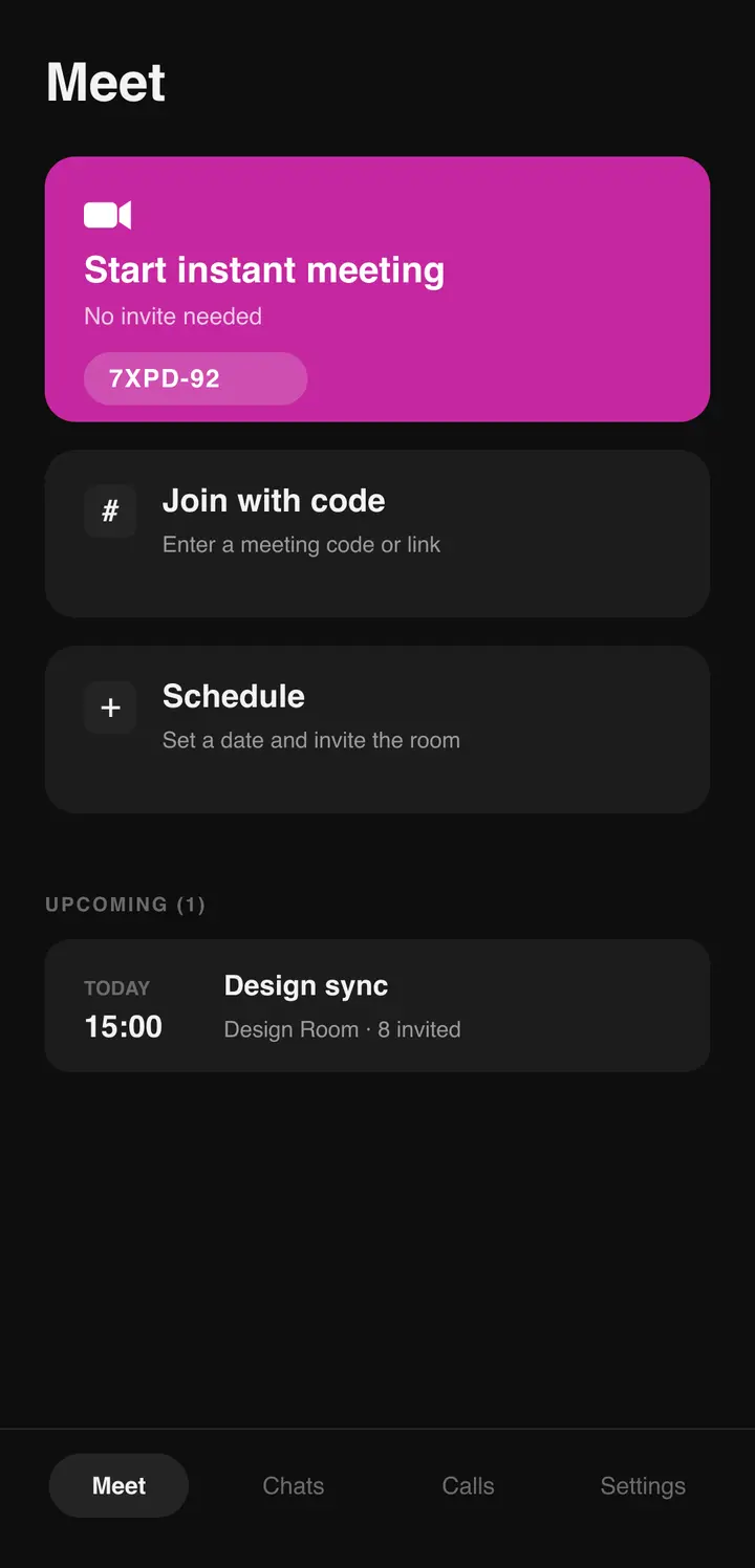 The Bluetune Meet hub with options to start an instant meeting or join by code