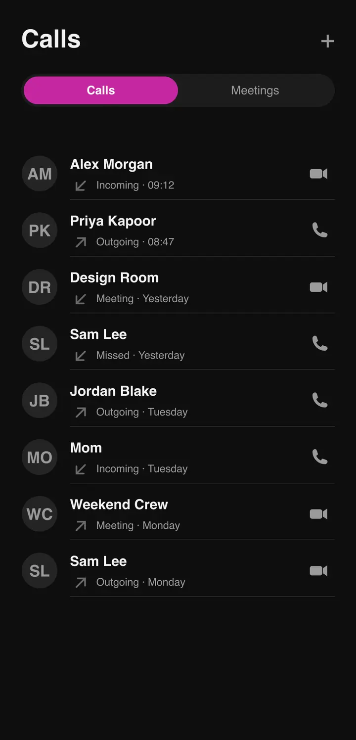 The Bluetune calls screen listing recent voice and video calls