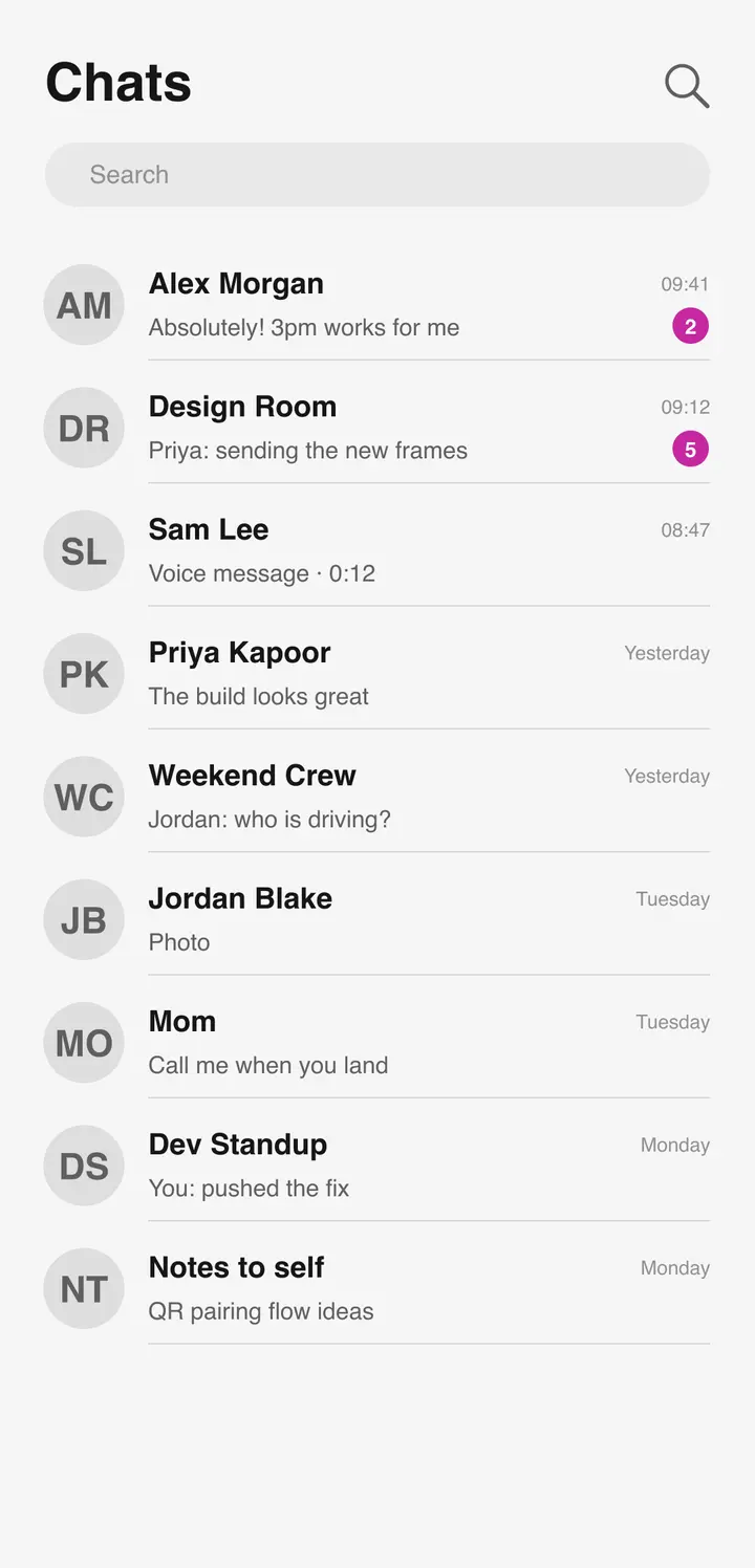 Bluetune chats screen: conversation list with search and filters