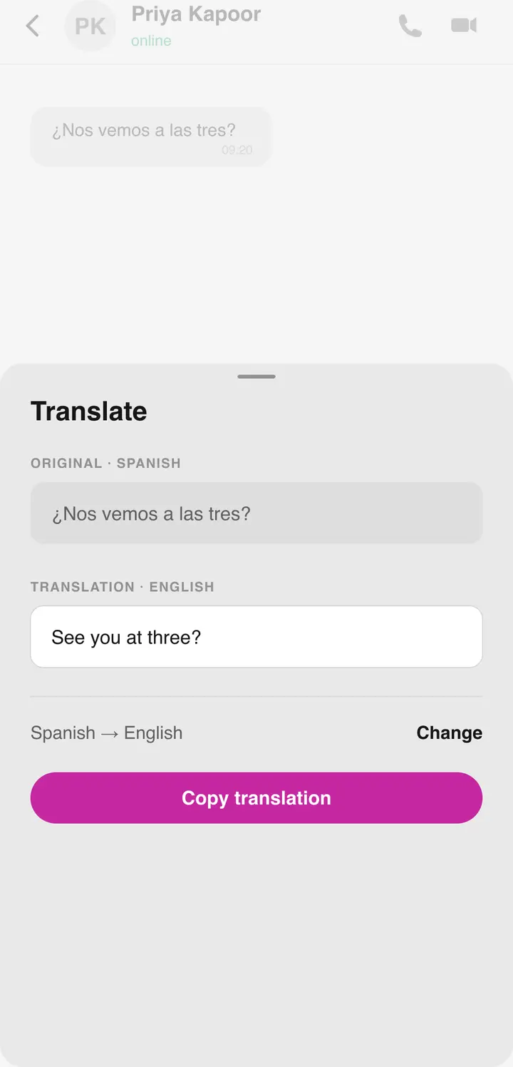 The Bluetune translation sheet translating a message inline