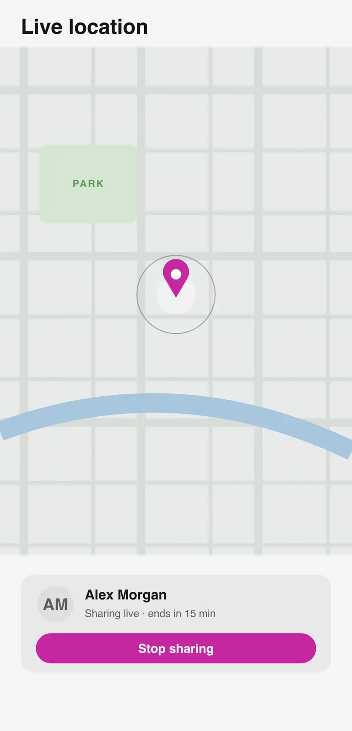 The Bluetune live location screen with a map and sharing duration options