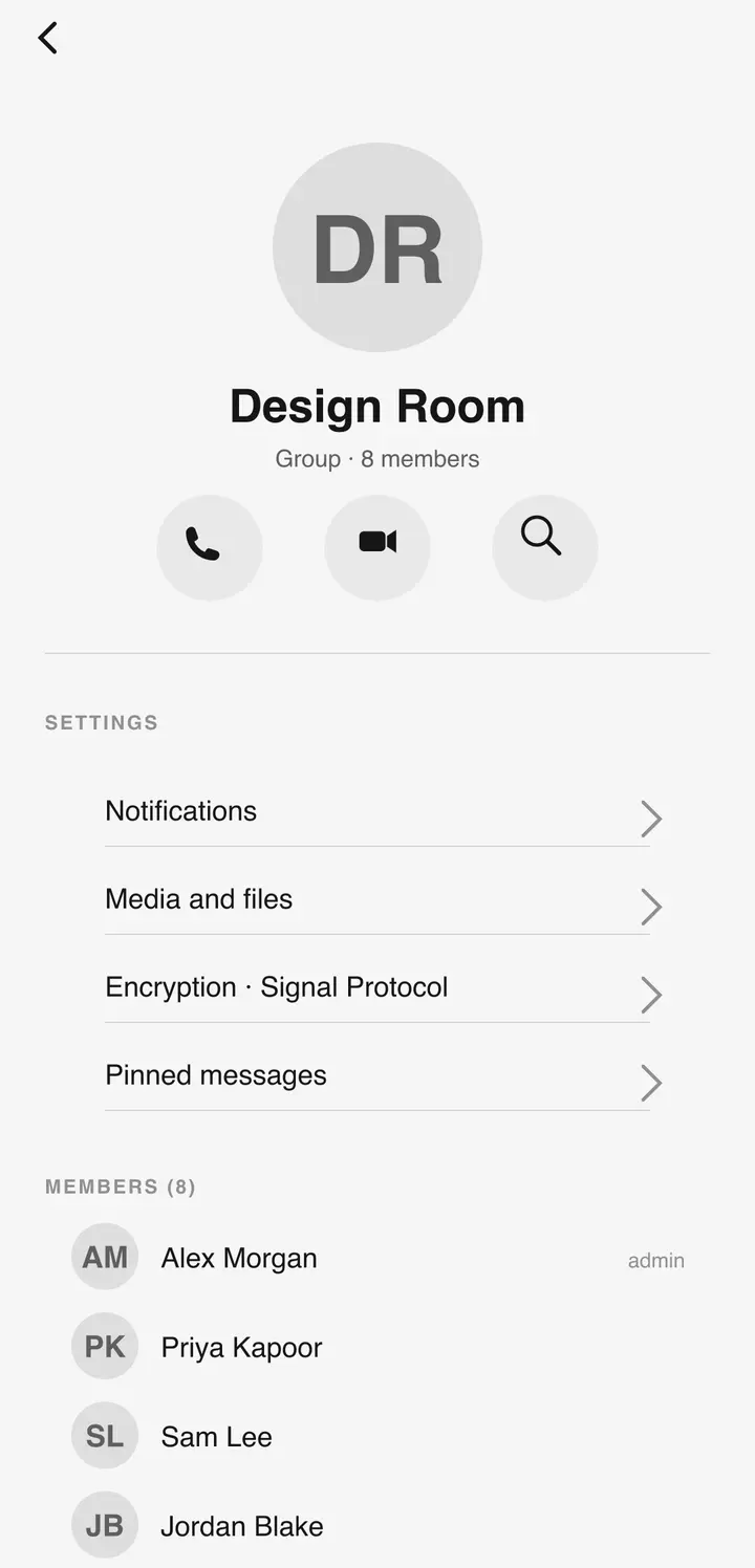 The Bluetune group details screen with participant list and group controls