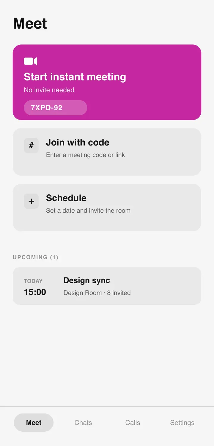 The Bluetune Meet hub with options to start an instant meeting or join by code