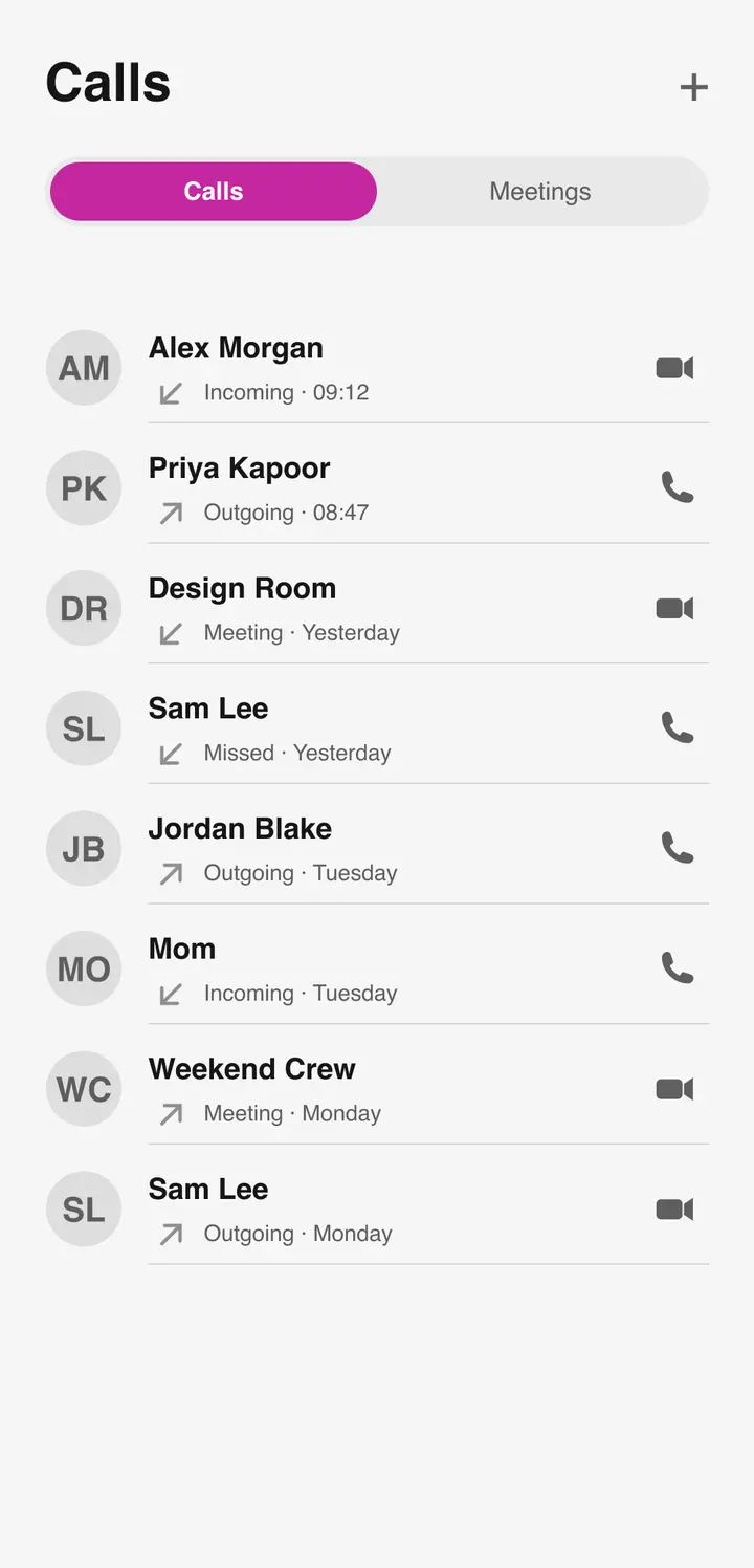 The Bluetune calls screen listing recent voice and video calls